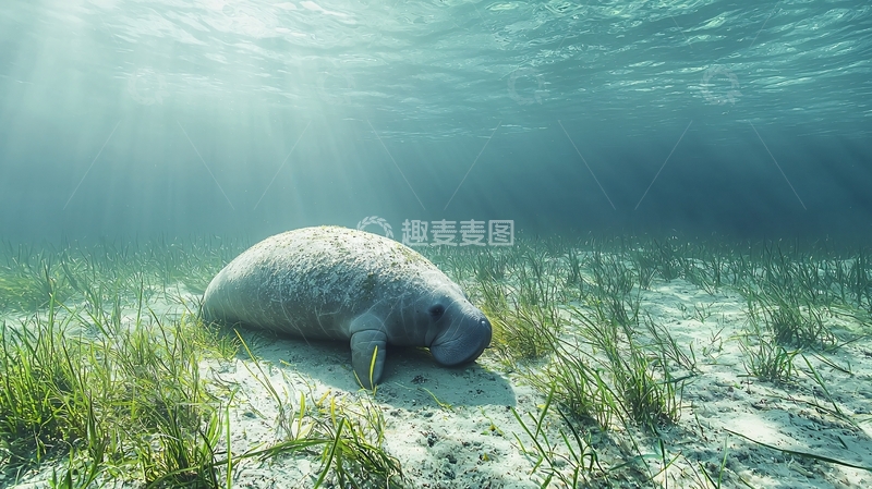 高清大图下载【趣麦麦图】海牛在海底草地上休息