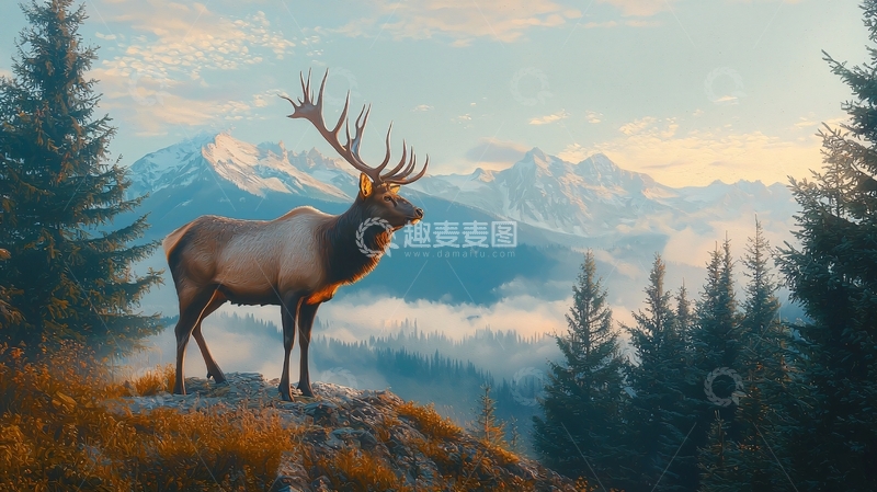 高清大图下载【趣麦麦图】雄鹿山间晨雾