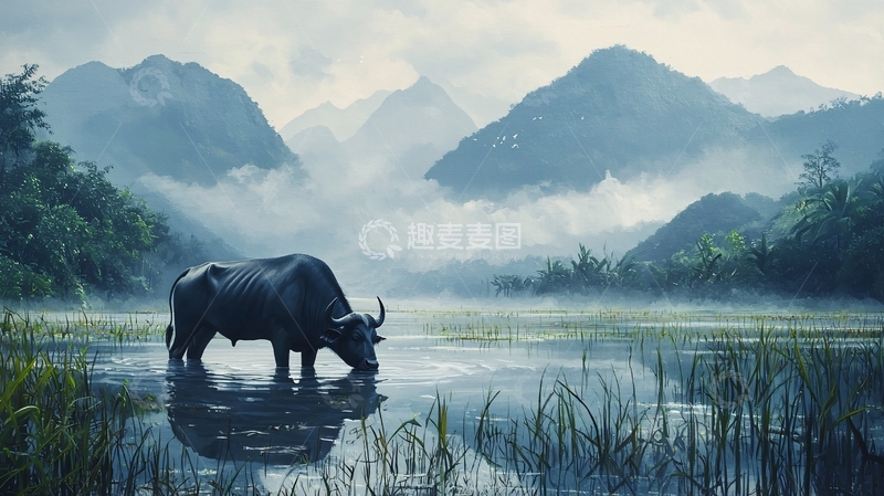 高清大图下载【趣麦麦图】牛饮水山间雾气弥漫