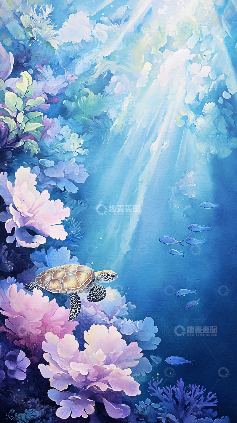高清大图下载【趣麦麦图】海底世界海龟与珊瑚礁