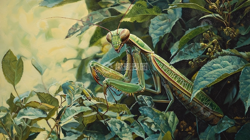 高清大图下载【趣麦麦图】绿色螳螂在树叶间