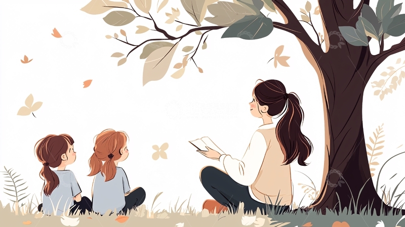 高清大图下载【趣麦麦图】母女共读树下温馨时光