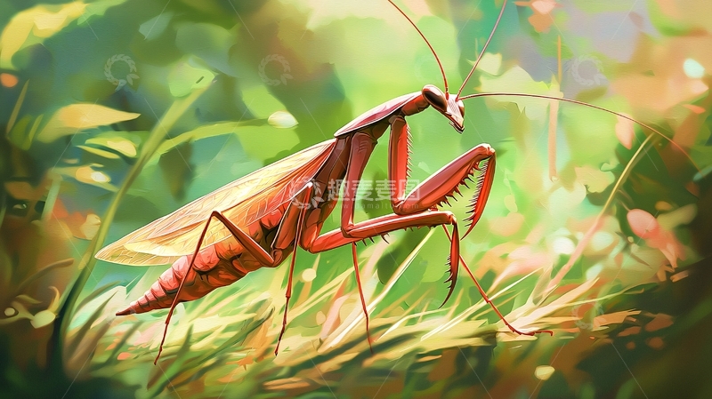 高清大图下载【趣麦麦图】螳螂在绿色植物中