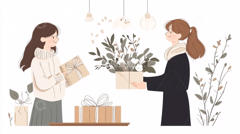 高清大图下载【趣麦麦图】温馨节日礼物交换场景插画