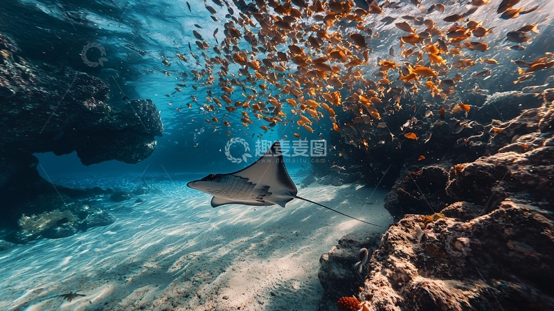高清大图下载【趣麦麦图】海底鳐鱼与珊瑚礁