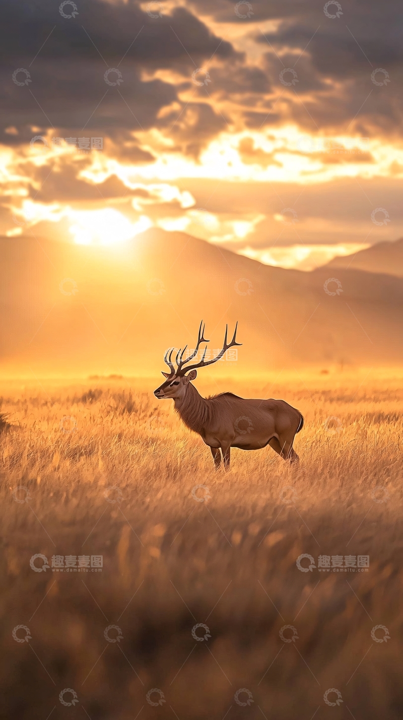 高清大图下载【趣麦麦图】夕阳下的雄鹿