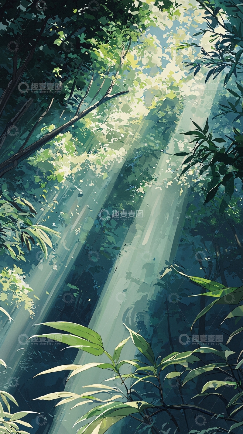 高清大图下载【趣麦麦图】森林中的阳光穿透树叶