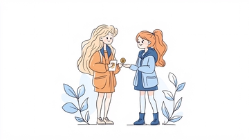 两个女孩交换礼物的插画