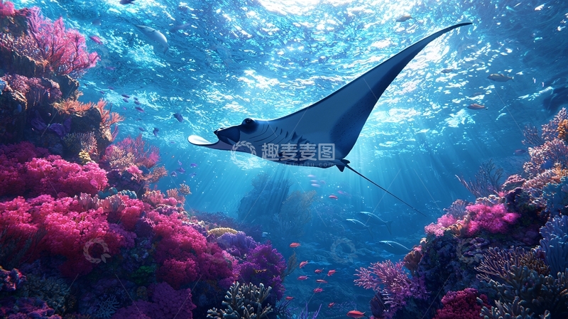 高清大图下载【趣麦麦图】深海珊瑚礁与蝠鲼