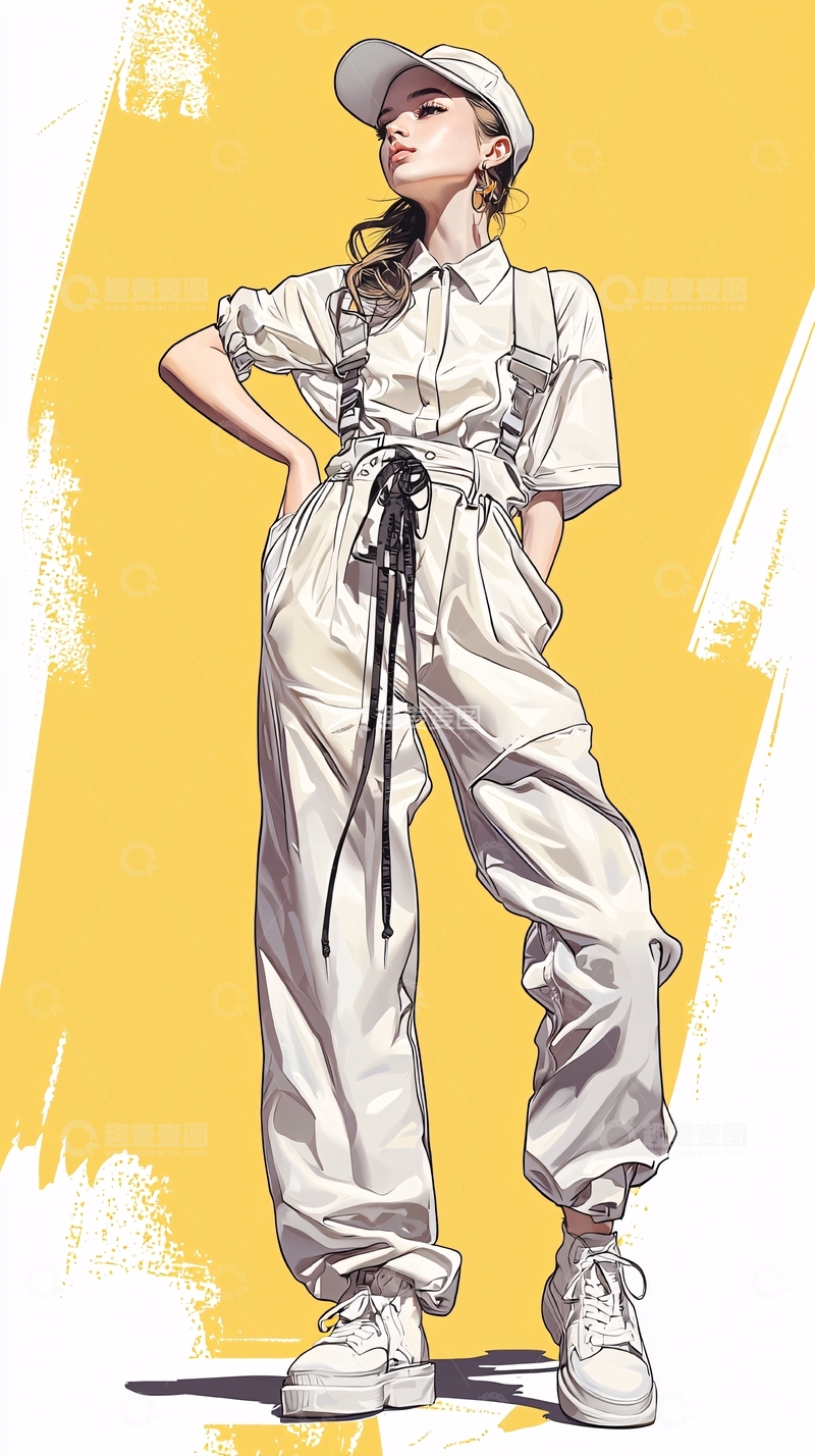 高清大图下载【趣麦麦图】时尚工装风套装穿搭插画