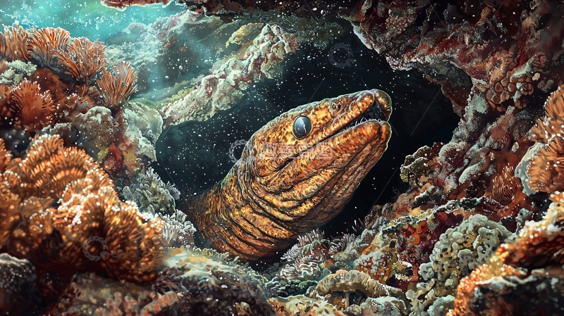 高清大图下载【趣麦麦图】深海巨兽：神秘鳗鱼探出头