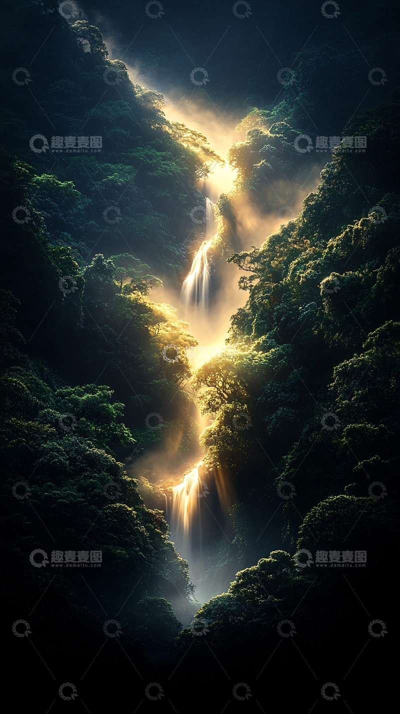 高清大图下载【趣麦麦图】深林中的瀑布光影