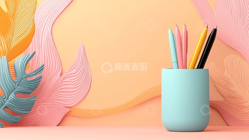 高清大图下载【趣麦麦图】彩色笔筒与抽象植物背景