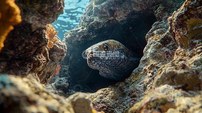 高清大图下载【趣麦麦图】海底岩石中的海鳗