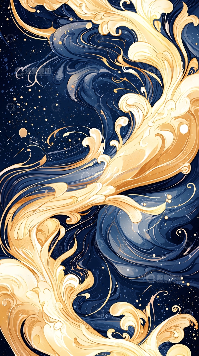 高清大图下载【趣麦麦图】金色波浪与星空的艺术插画