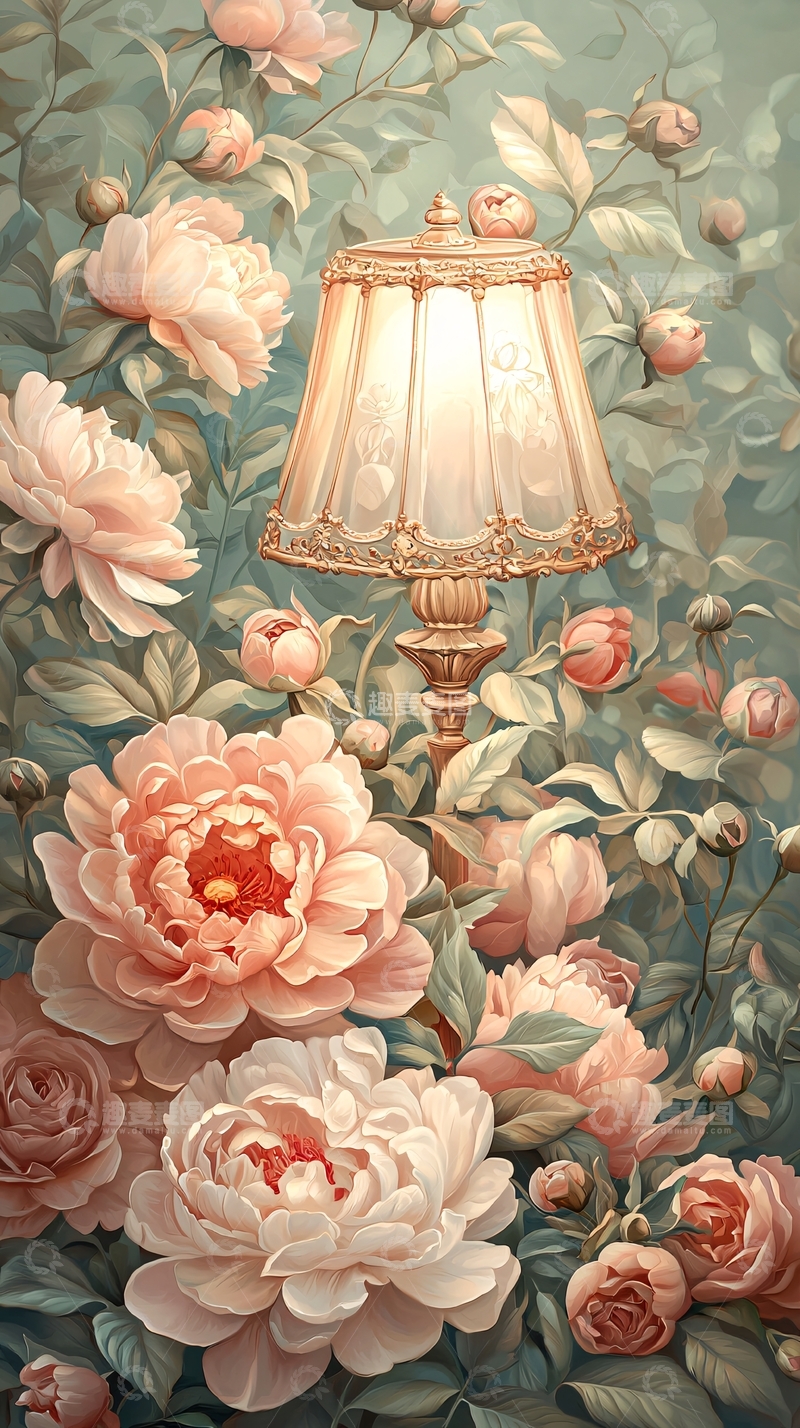 高清大图下载【趣麦麦图】复古灯与盛开的牡丹花