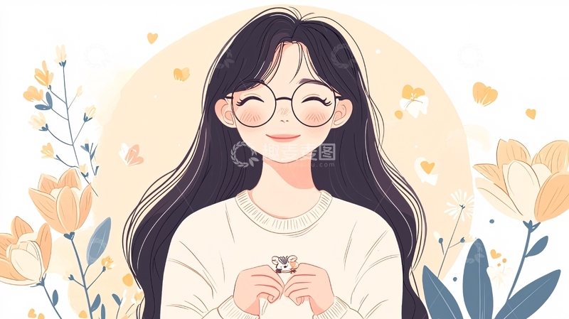 高清大图下载【趣麦麦图】温馨微笑女孩插画素材
