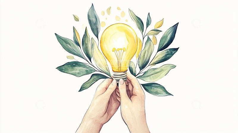 高清大图下载【趣麦麦图】手捧灯泡与绿叶插画