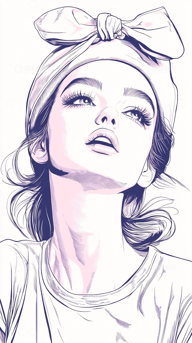 高清大图下载【趣麦麦图】时尚女性头巾素描插画