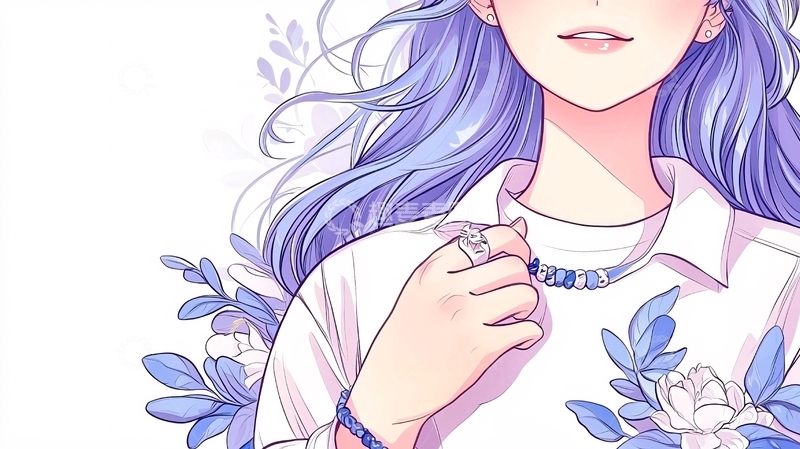 高清大图下载【趣麦麦图】紫色头发女孩佩戴手链插画