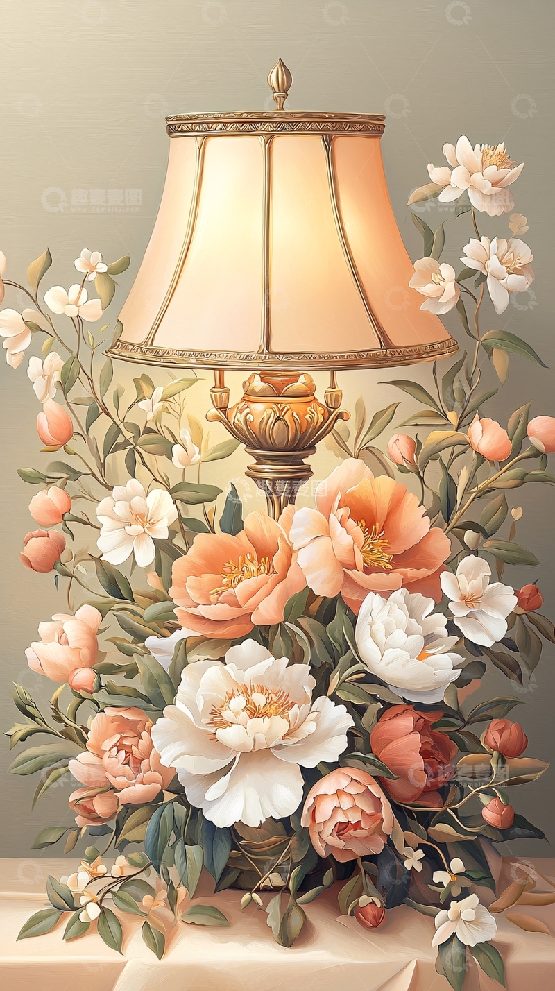 高清大图下载【趣麦麦图】古典台灯与花卉装饰