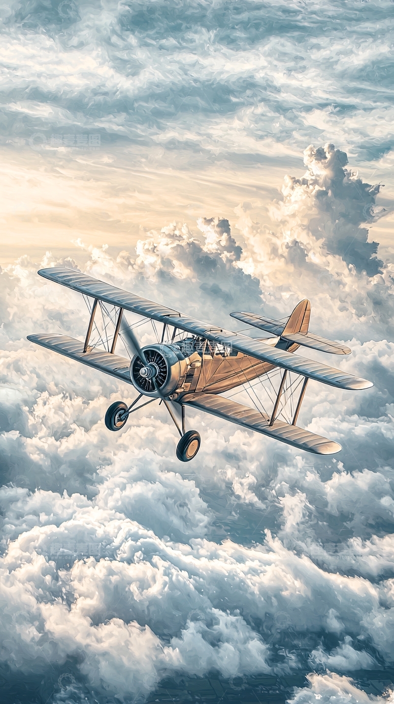 高清大图下载【趣麦麦图】蓝天白云下的双翼飞机