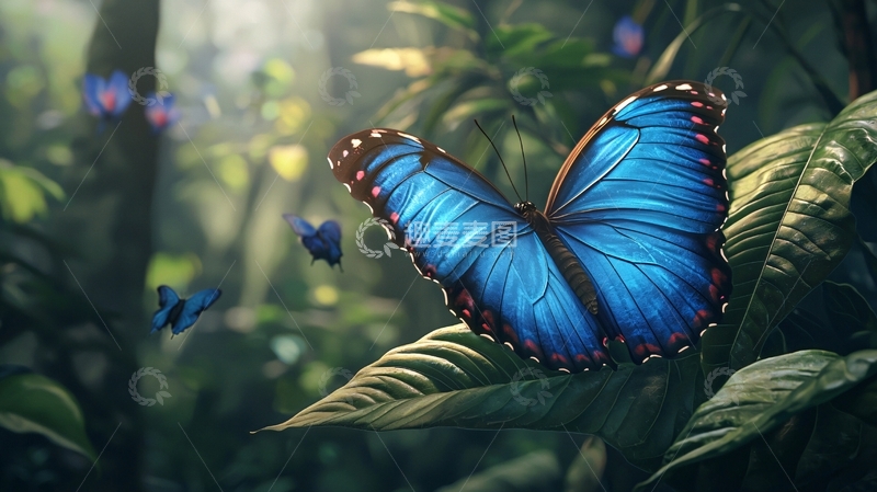 高清大图下载【趣麦麦图】蓝色蝴蝶在森林中飞翔