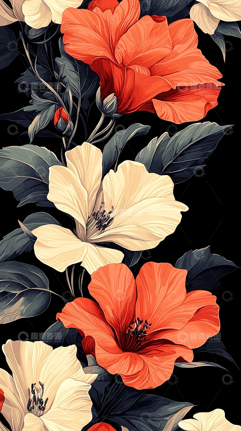 高清大图下载【趣麦麦图】热带花卉图案背景素材