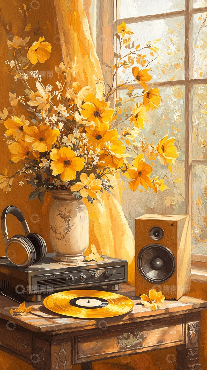 高清大图下载【趣麦麦图】温暖阳光下的花瓶与留声机