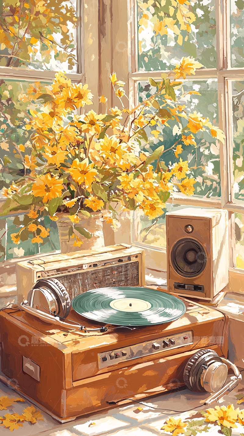 高清大图下载【趣麦麦图】秋日阳光下的复古留声机