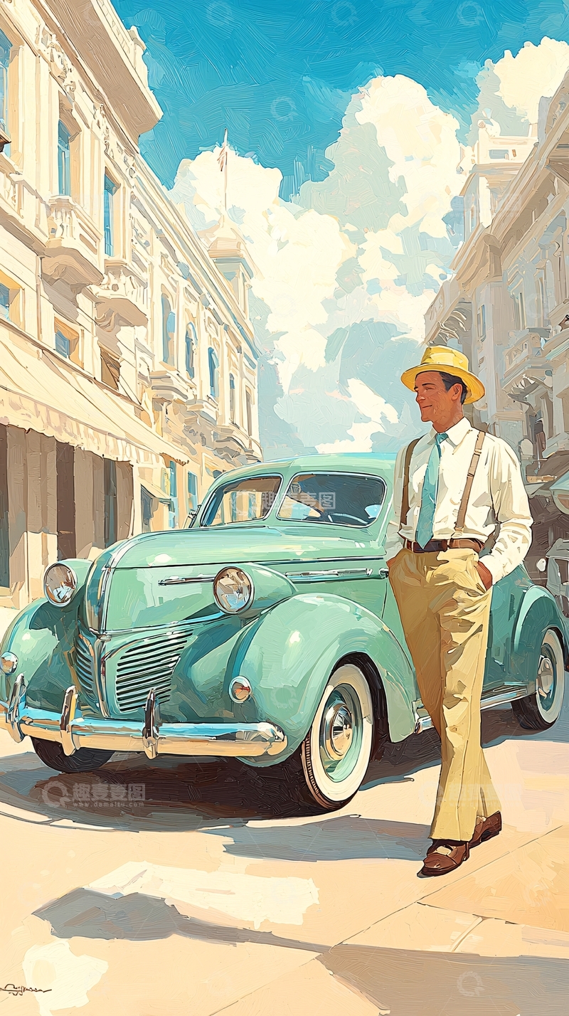 高清大图下载【趣麦麦图】复古汽车与绅士的街景