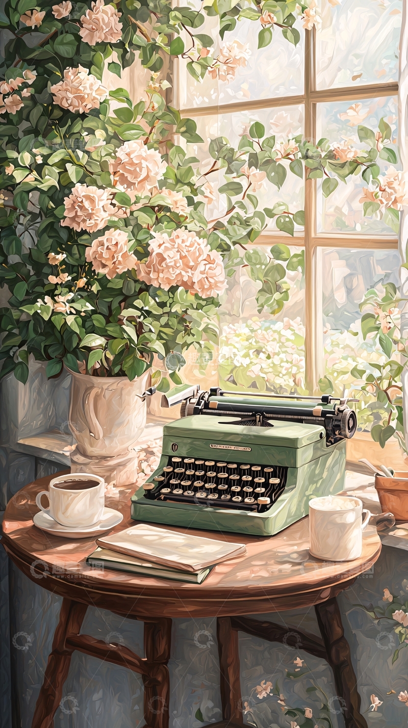 高清大图下载【趣麦麦图】绿植窗边复古打字机