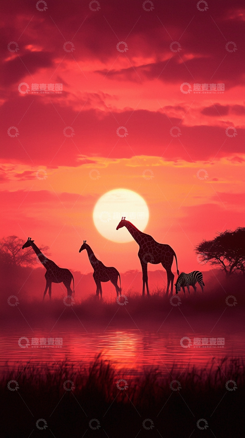高清大图下载【趣麦麦图】夕阳下的非洲野生动物剪影