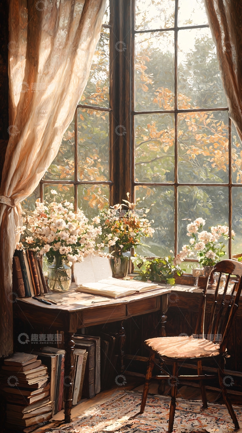 高清大图下载【趣麦麦图】秋日书房阳光明媚