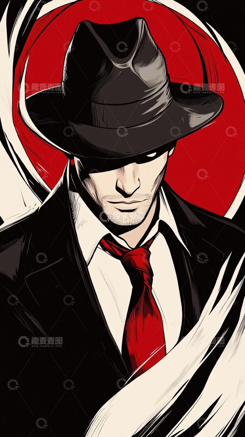 高清大图下载【趣麦麦图】黑色西装红领带复古风人物插画