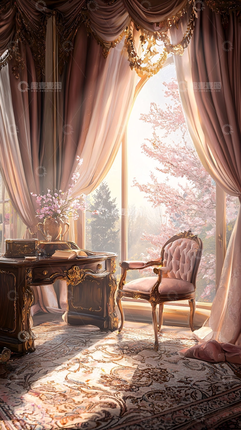 高清大图下载【趣麦麦图】温馨书房与樱花美景