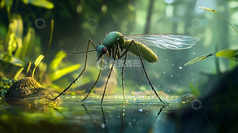 高清大图下载【趣麦麦图】绿色昆虫在水边的特写