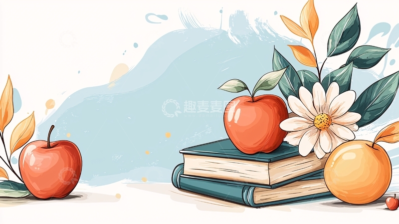 高清大图下载【趣麦麦图】苹果与书本的艺术插画