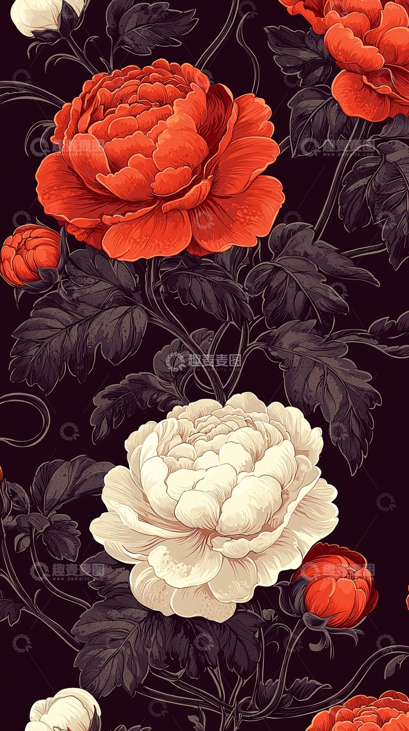 高清大图下载【趣麦麦图】红色牡丹花与白色牡丹花背景图案