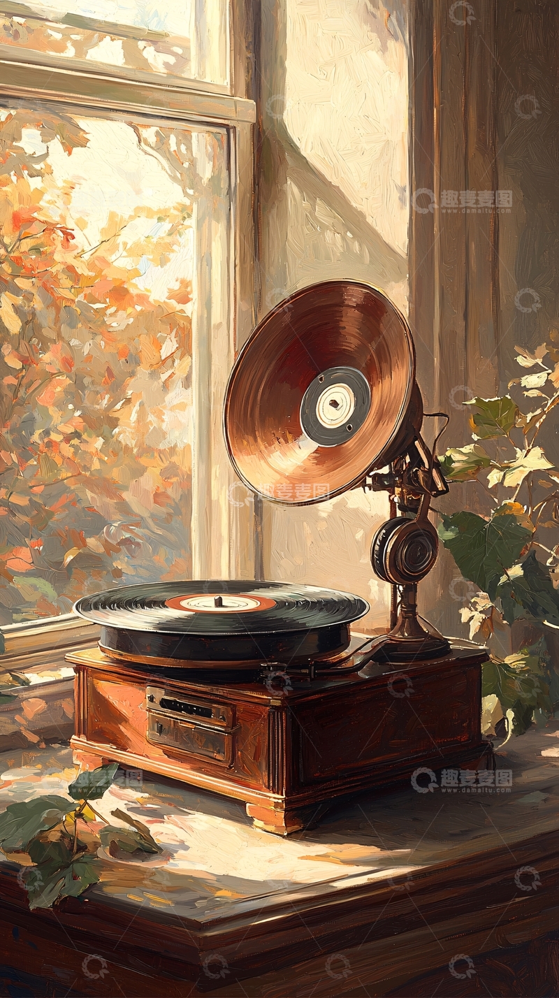 高清大图下载【趣麦麦图】秋日阳光下的复古留声机