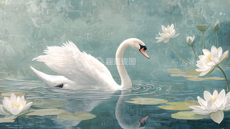 高清大图下载【趣麦麦图】白鹅与莲花的宁静湖面