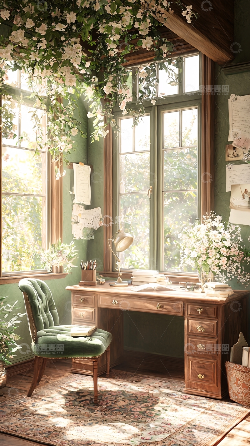 高清大图下载【趣麦麦图】绿色植物装饰的温馨书房