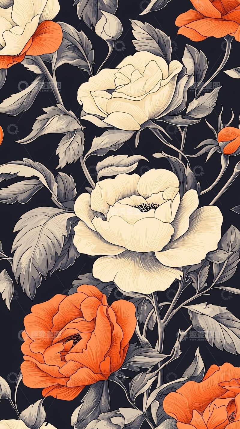 高清大图下载【趣麦麦图】复古花卉图案背景素材