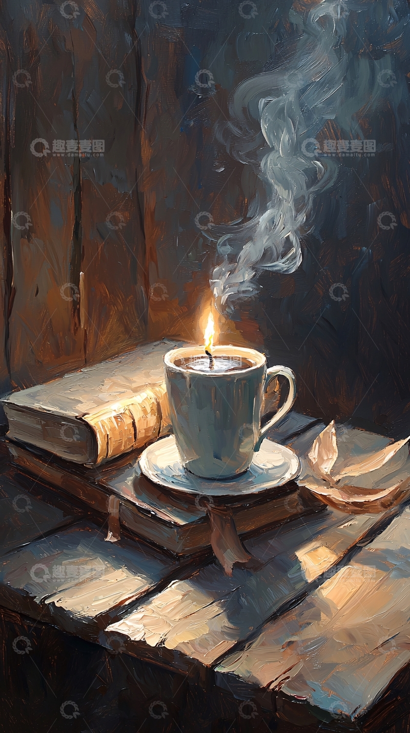 高清大图下载【趣麦麦图】烛光下的书与咖啡