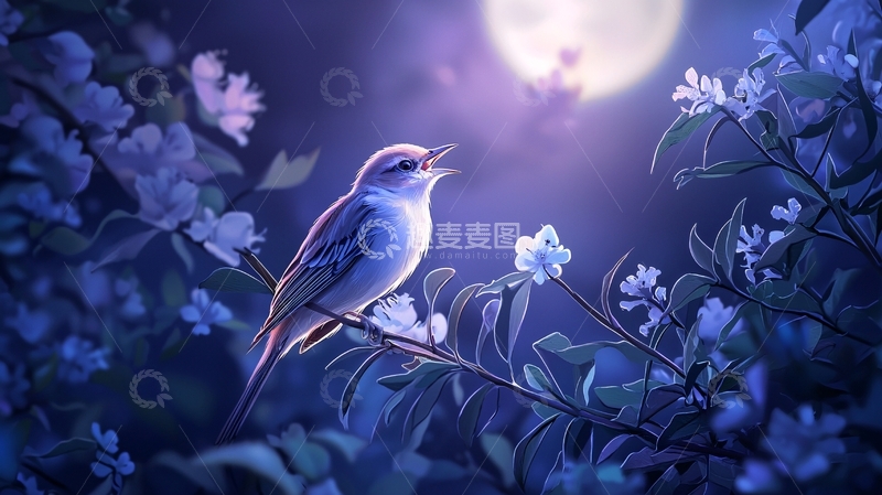 高清大图下载【趣麦麦图】月光下的鸟鸣与花影