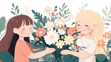 两个女孩分享花束的温馨时刻