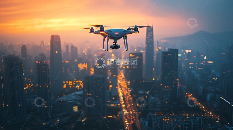 高清大图下载【趣麦麦图】无人驾驶飞行器在城市上空