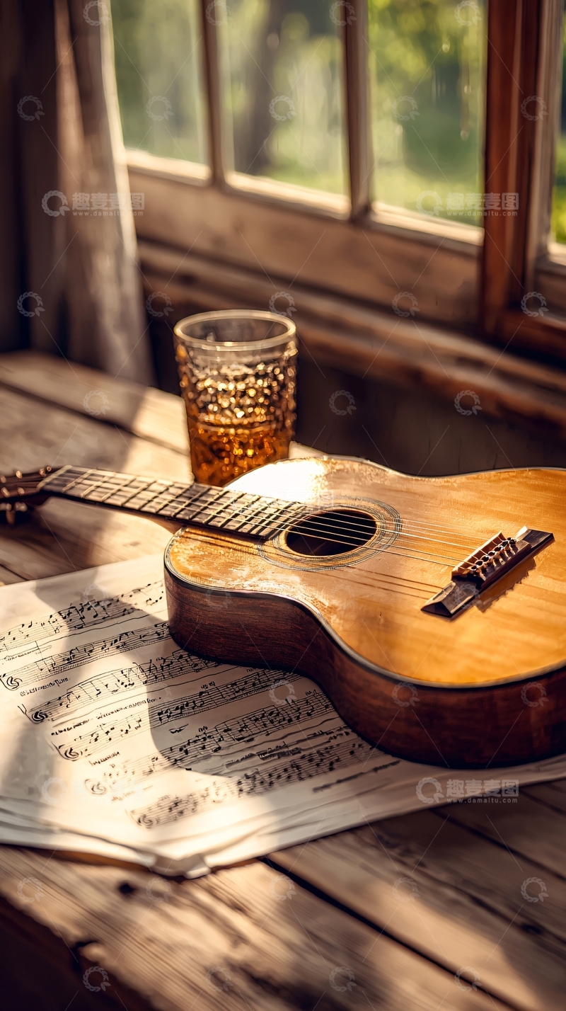 高清大图下载【趣麦麦图】阳光下的吉他与乐谱