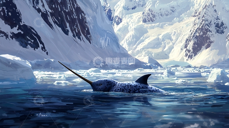 高清大图下载【趣麦麦图】冰川中的独角鲸