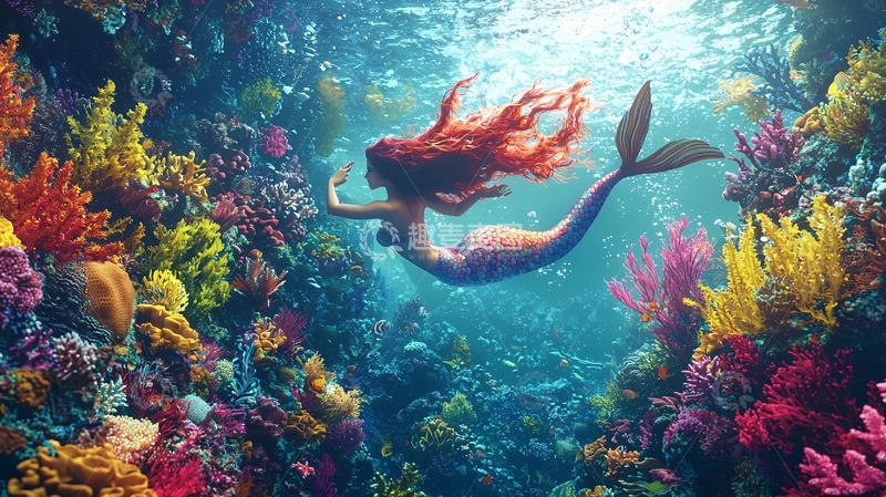 高清大图下载【趣麦麦图】海底美人鱼与珊瑚礁